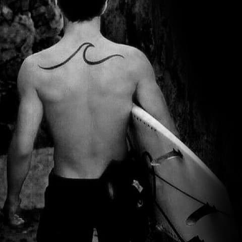 Single Black Ink Line Mens Shoulders Simple Wave Tattoo