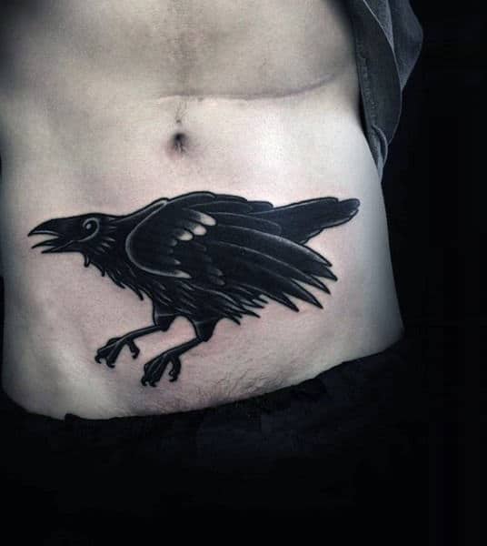 Single Dark Raven Tattoo On Abdomen For Males