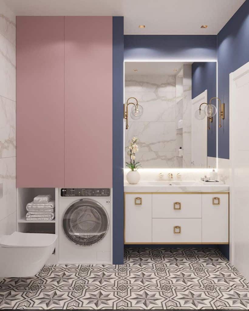 lavish laundry pink and white cabinets tile floor floating toilet