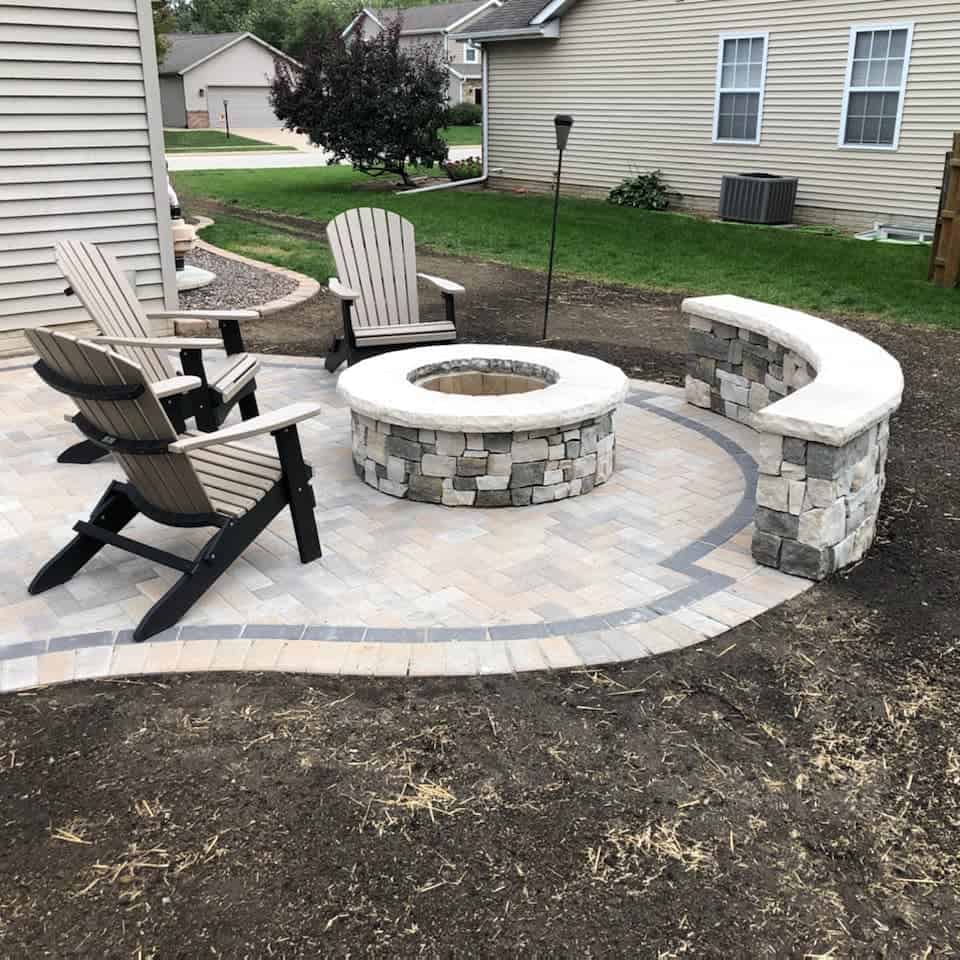 small curved stone garden bench patio fire pit wood seats 