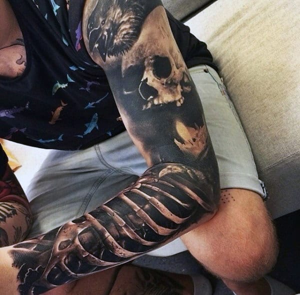 Skeleton 3d Realistic Mens Detailed Full Arm Sleeve Tattoo
