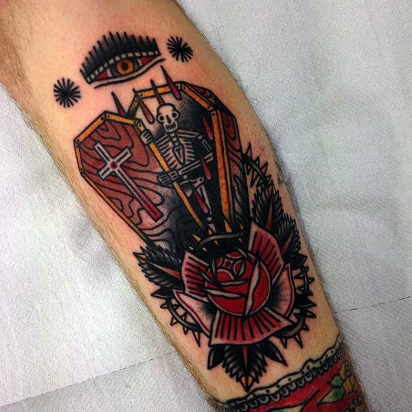 Skeleton Cross Coffin Mens Tattoo With Red Rose
