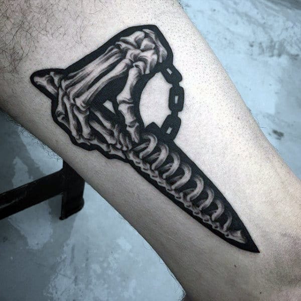 Skeleton Hand Chef Knife Mens Leg Tattoos