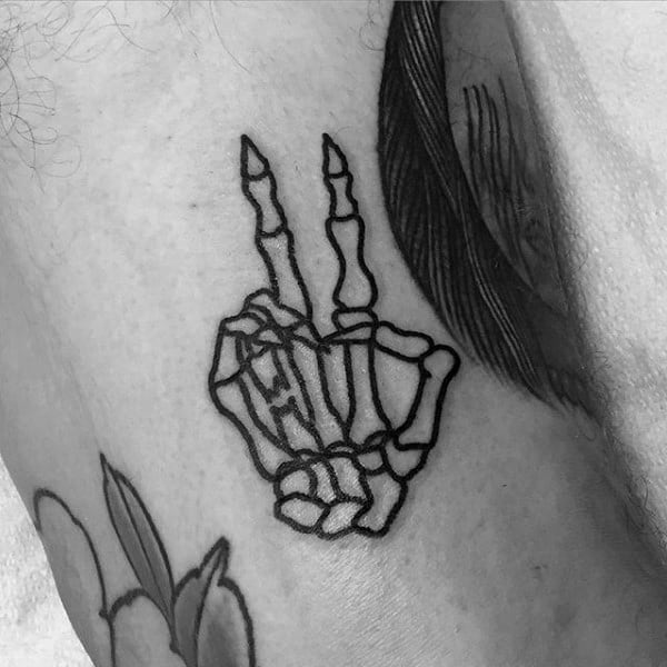 Skeleton Hand Giving Peace Sign Mens Small Simple Arm Tattoos