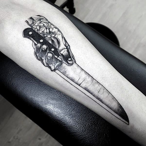 Skeleton Hand Holding Chef Knife Mens Forearm Tattoo