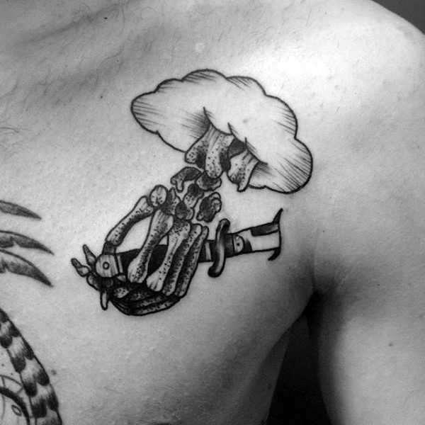 Skeleton Hand Poking Through Cloud With Dagger Guys Upper Chest Tattoos