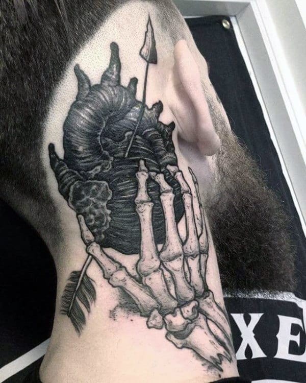 Skeleton Hand With Arrow Through Heart Mens Neck Tattoo