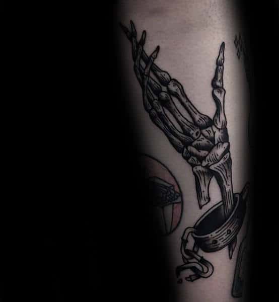 Skeleton Hand With Chain Shackle Mens Outer Forearm Tattoos