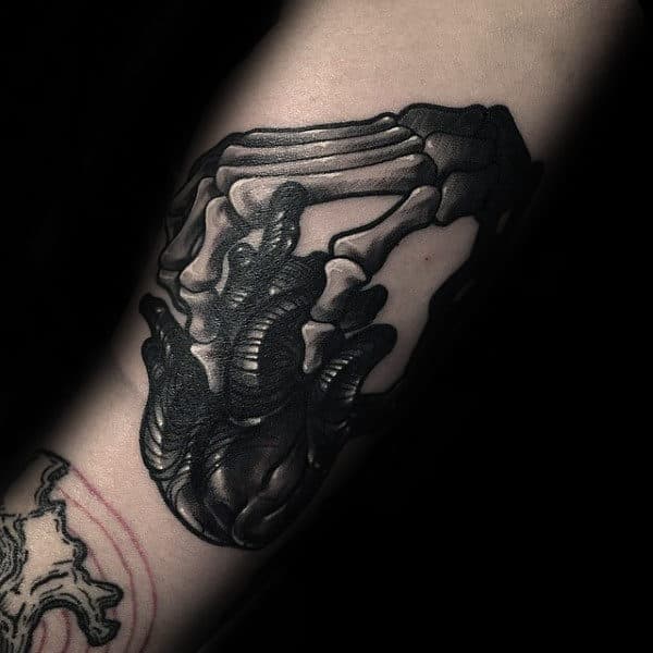 Skeleton Hand With Heart Mens Shaded Forearm Tattoo Design Ideas