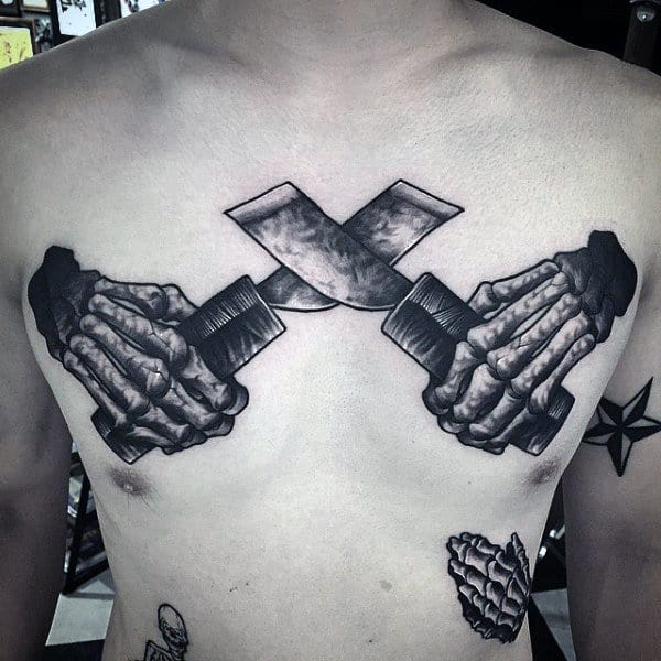 Skeleton Hands Holding Knives Mens Upper Chest Tattoos