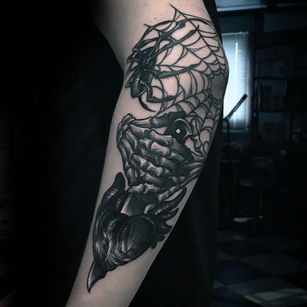 Skeleton Hands With Dagger Guys Spider Web Eblow Tattoo