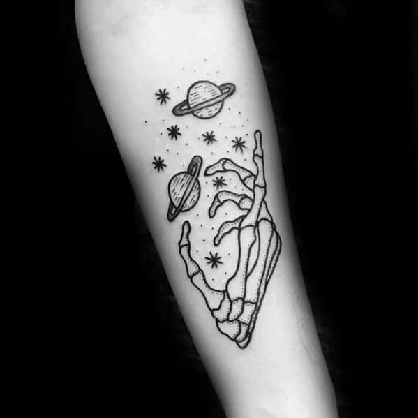 50 Creative Outline Tattoos For Men 2023 Inspiration Guide   Skeleton Hands With Planets Forearm Outline Mens Tattoo Ideas 