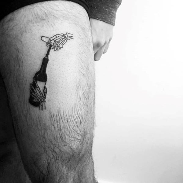Skeleton Hands With Wine Bottle Small Creative Guys Thigh Tattoos