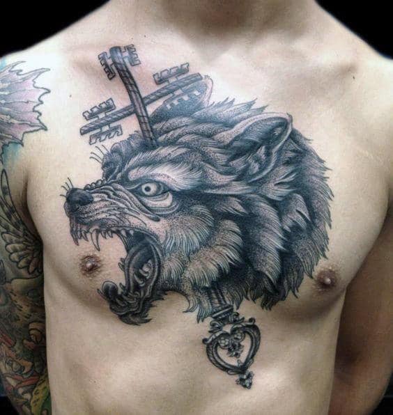 Skeleton Key Male Wolf Chest Tattoo