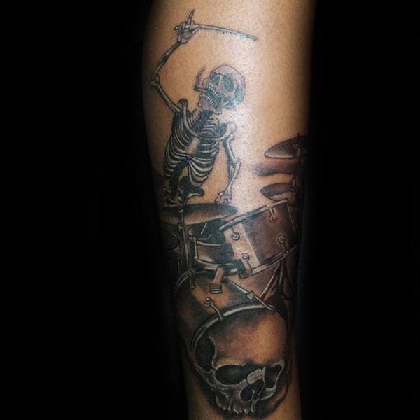 Skeleton Playing Drums Forearm Male Tattoo Ideas