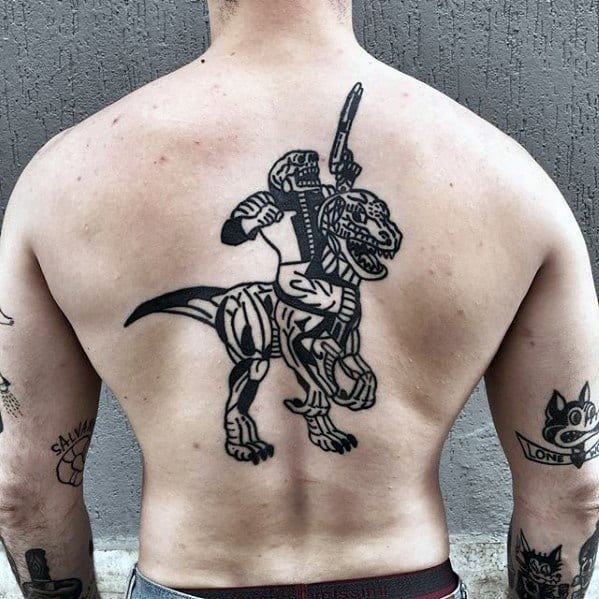 Skeleton Riding Dinosaur Mens Unique Back Tattoos