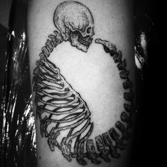 Skeleton Skull With Bones Guys Ouroboros Tattoo On Inner Forearm