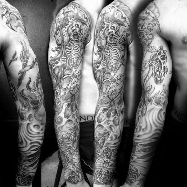 Skeleton Vulture Guys Full Sleeve Shaded Tattoo