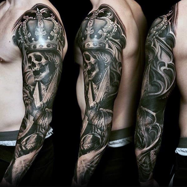 Skeleton With King Crown Unique Guys Full Sleeve 3d Tattoo Ideas