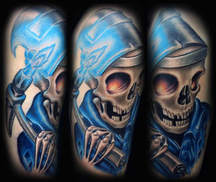 Skeleton With Torch Male Welding Tattoos On Upper Arm