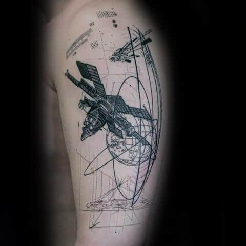Sketched Arm Artistic Male Satellite Tattoo Ideas
