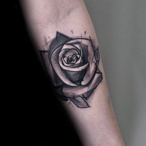 Sketched Black Rose Watercolor Mens Forearm Tattoo