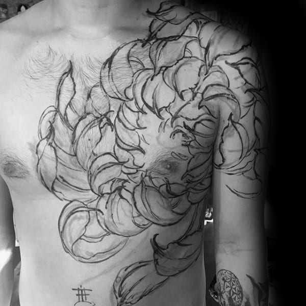 Sketched Chrysanthemum Flower Mens Full Chest Tattoo