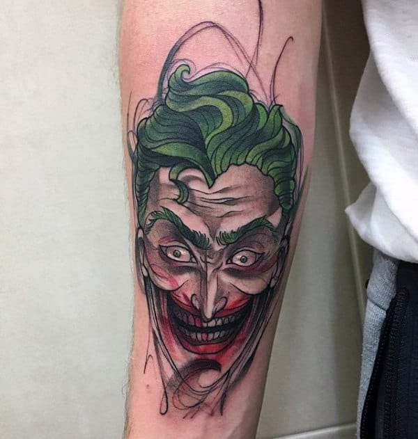 Sketched Color Male Joker Inner Forearm Tattoos