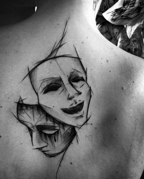 Sketched Drama Mask Tattoos Mens Back