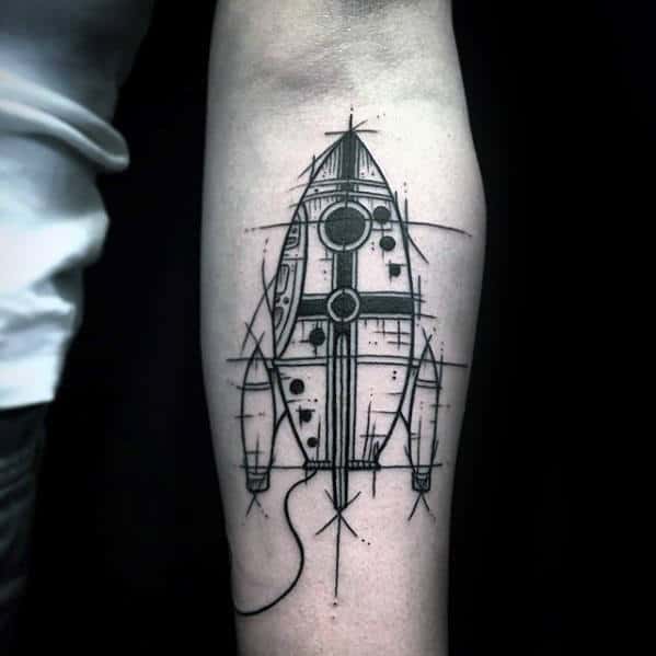 Sketched Rocket Ship Mens Inner Forearm Tattoo