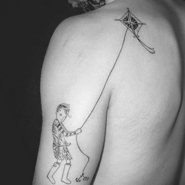 Sketched Shoulder And Arm Unique Mens Kid Flying Kite Tattoos