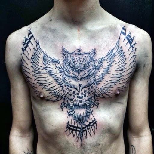 Sketched Style Mens Upper Chest Owl Tattoo Designs