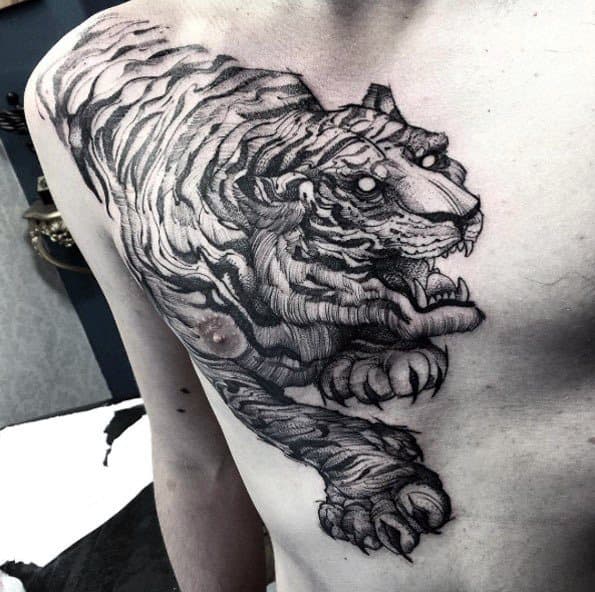 Sketched Tiger Chest Epic Tattoos Male