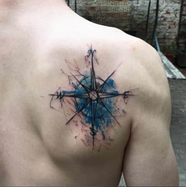 Sketched Watercolor Compass Blue Paint Mens Shoulder Blade Tattoo