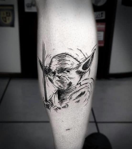 Sketched Wateroclor Guys Yoda Back Of Leg Tattoo