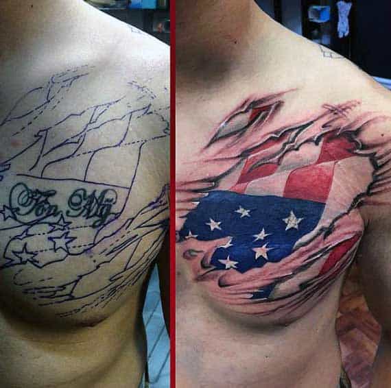 Skin Ripped Tattoo For Guys Of American Flag In Red White And Blue Ink