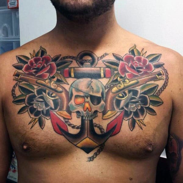 Skull And Anchor Traditional Guys Upper Chest Tattoos