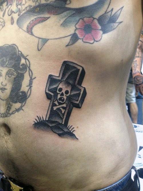 Skull And Cross Bones Tombstone Rib Cage Side Guys Tattoos