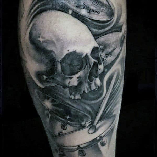 Skull And Drums Pencil Art Tattoo On Arms For Men