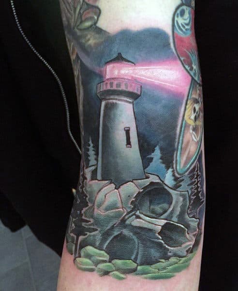 Skull And Lighthouse Tattoo On Forearm For Gentlemen