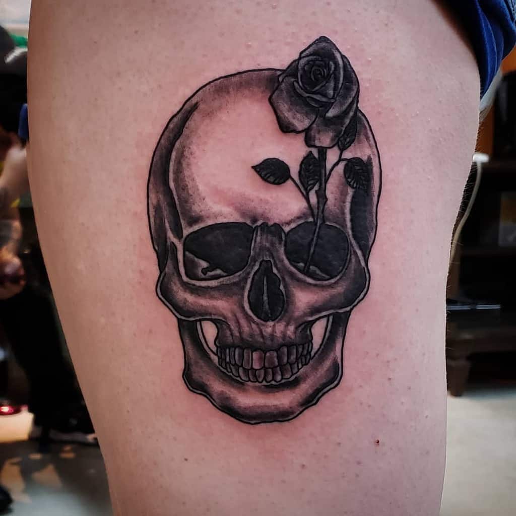 skull-and-rose-black and-gray-leg-tattoo-dwayne_smith_tattoos