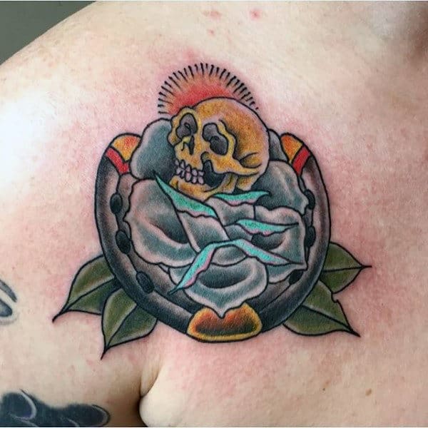 Skull And Rose Horseshoe Mens Shoulder Tattoo Ideas