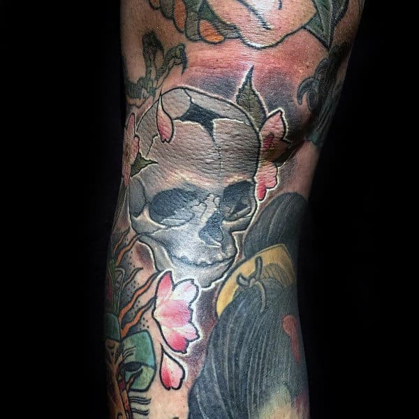 Skull Cherry Blossom Guys 3d Tattoo Ideas On Knee