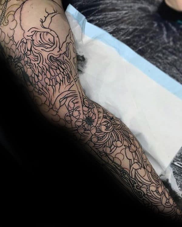 Skull Chrysanthemum Flower Outline Black Ink Tattoos For Men On Leg