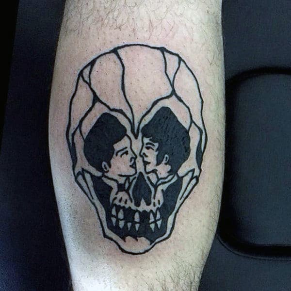 Skull Couple Outline Optical Illusion Mens Small Tattoo