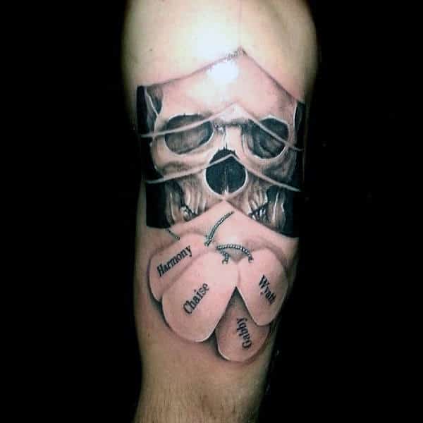 Skull Dog Tag Guys Upper Arm Army Tattoo With Black Shaded Ink