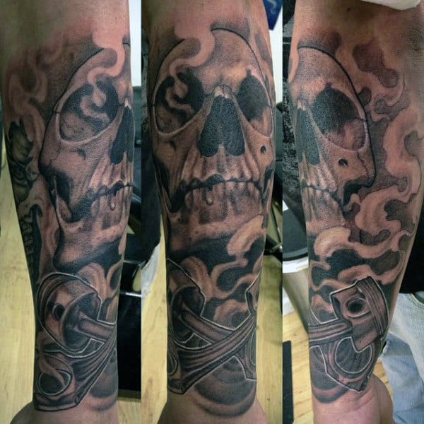 Skull Engine Tattoo Designs Of Piston On Males