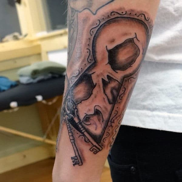 Skull Face Keyhole Tattoo With Keys On Mens Forearm