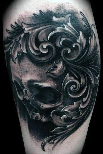 Skull Filigree Shaded Dark Grey Mens Upper Arm Tattoo Design Inspiration