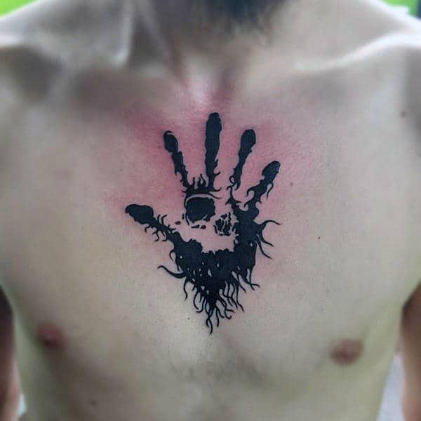 Skull Handprint Abstract Mens Black Ink Chest Tattoos
